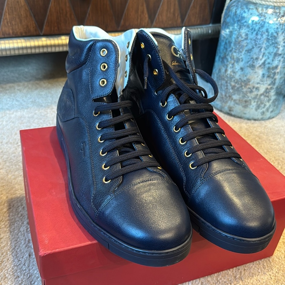 Size 14 Dark Blue and Gold Ferragamo Sneakers.